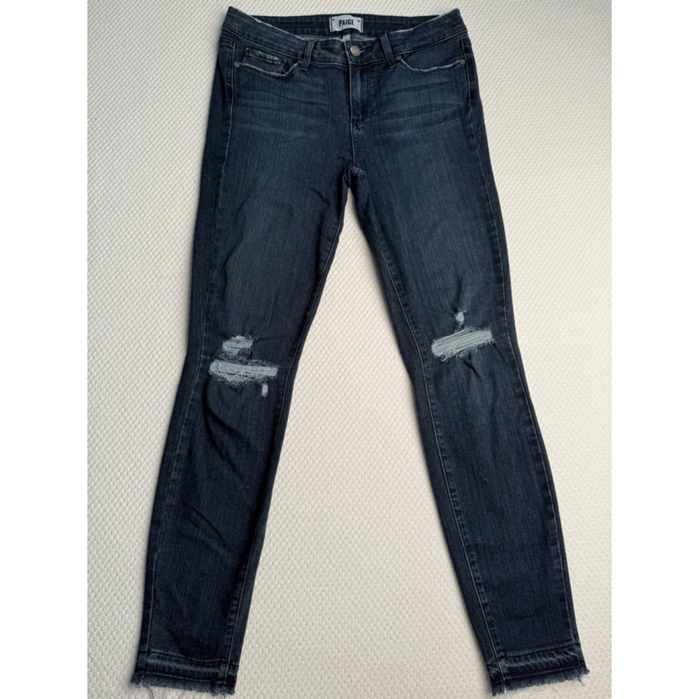 Women's Paige Distressed Raw Hem Ankle Skinny Jeans Dark Blue Size 28